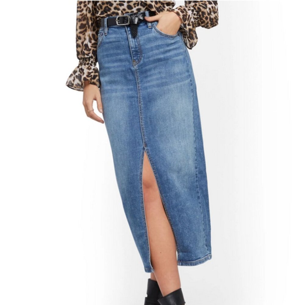 New York & Company High-Waist Front-Slit Denim Skirt